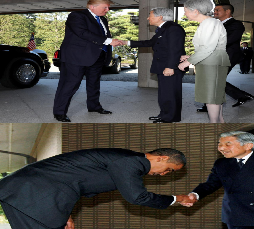 دونلډ ټرمپ د جاپان پاچا ته لاس ورکړ خو سر يې ورته  ټيټ نه کړ